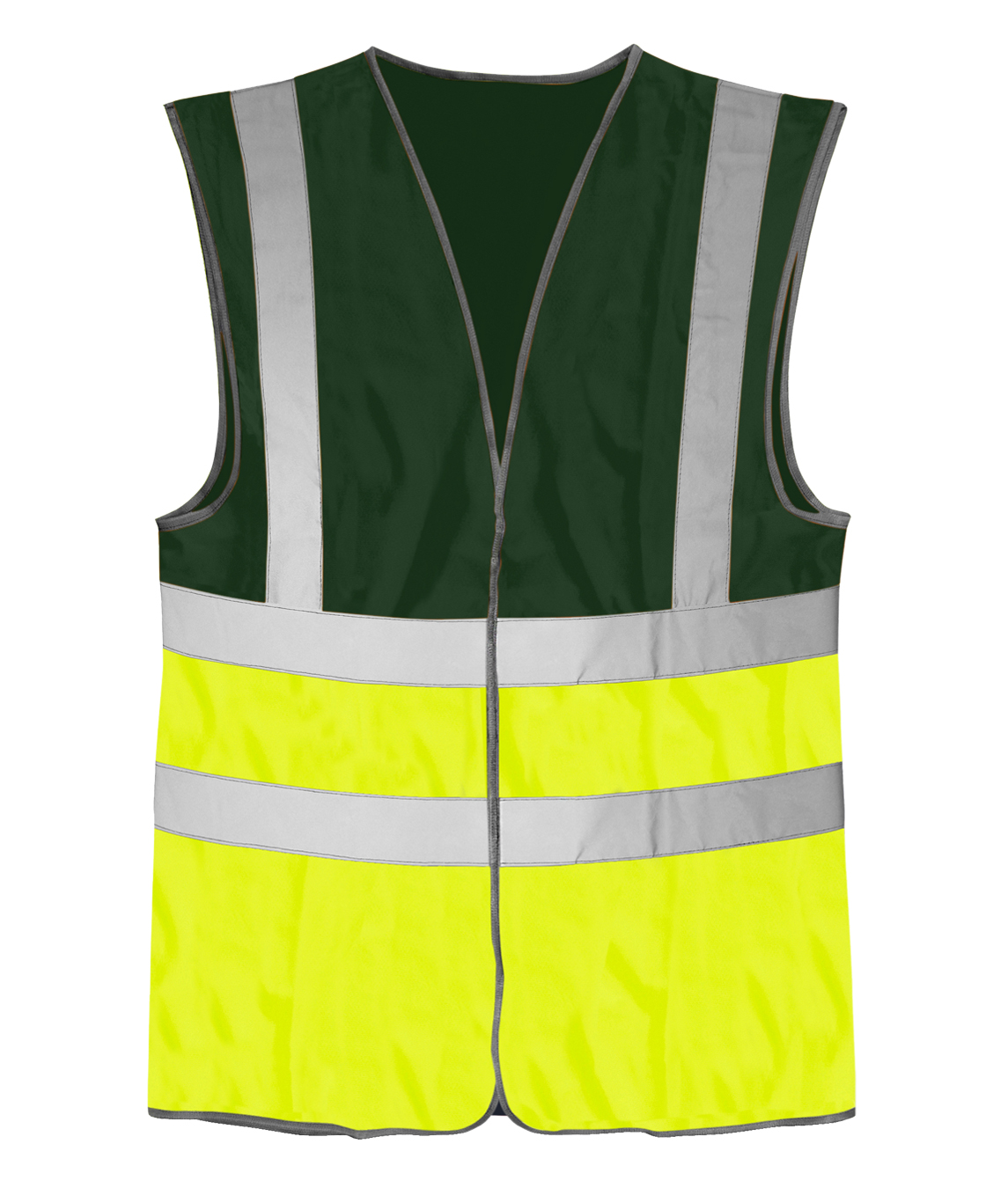 Two-tone safety vest featuring a dark green upper half and a fluorescent yellow lower half, accented with silver reflective vertical and horizontal stripes for enhanced visibility.
by MAK Boots & Garments
