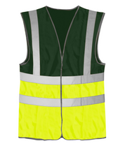 Two-tone safety vest featuring a dark green upper half and a fluorescent yellow lower half, accented with silver reflective vertical and horizontal stripes for enhanced visibility.
by MAK Boots & Garments