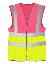 Two-tone safety vest with a vibrant pink upper half and fluorescent yellow lower half, detailed with silver reflective vertical and horizontal stripes for high visibility.
by MAK Boots & Garments