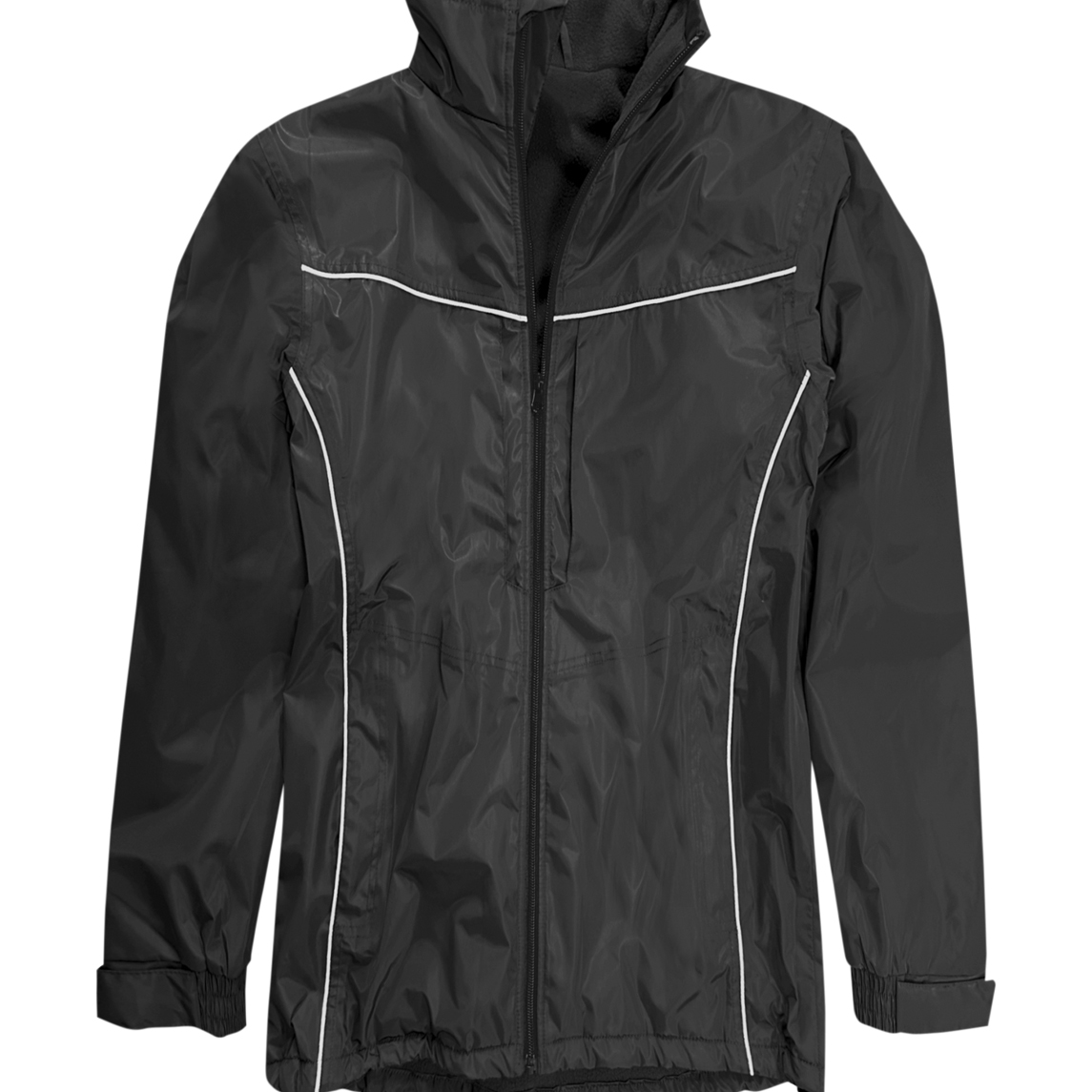 Womans black waterproof jacket with subtle reflective piping, fleece-lined collar, adjustable cuffs, and hem drawcord. Lightweight, breathable, and practical for everyday outdoor use. By MAK Boots & Garments.