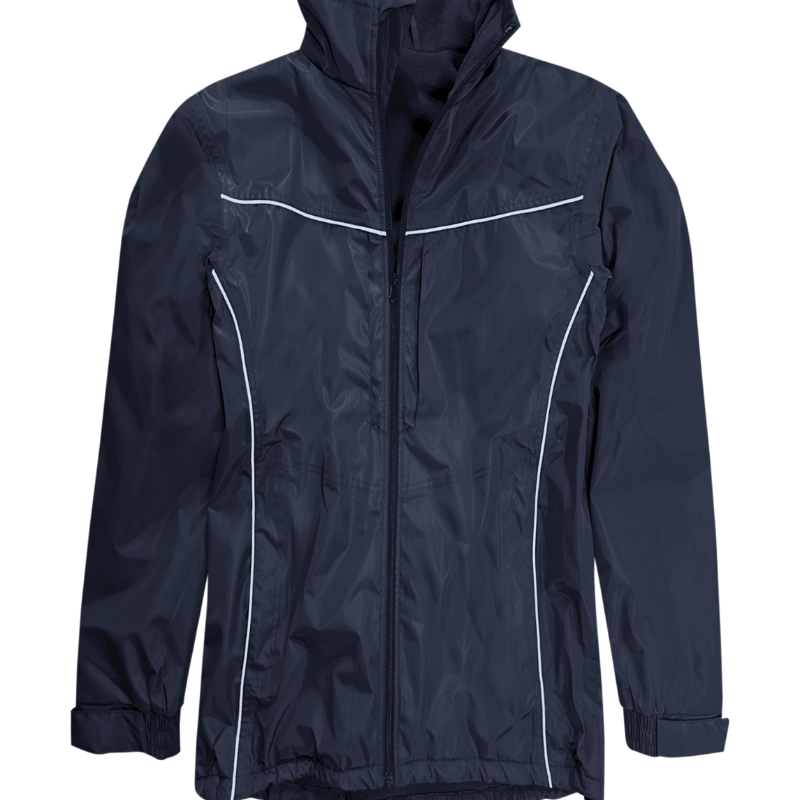 Womans Navy blue waterproof jacket with subtle reflective piping, fleece-lined collar, adjustable cuffs, and hem drawcord. Lightweight, breathable, and practical for everyday outdoor use. By MAK Boots & Garments.