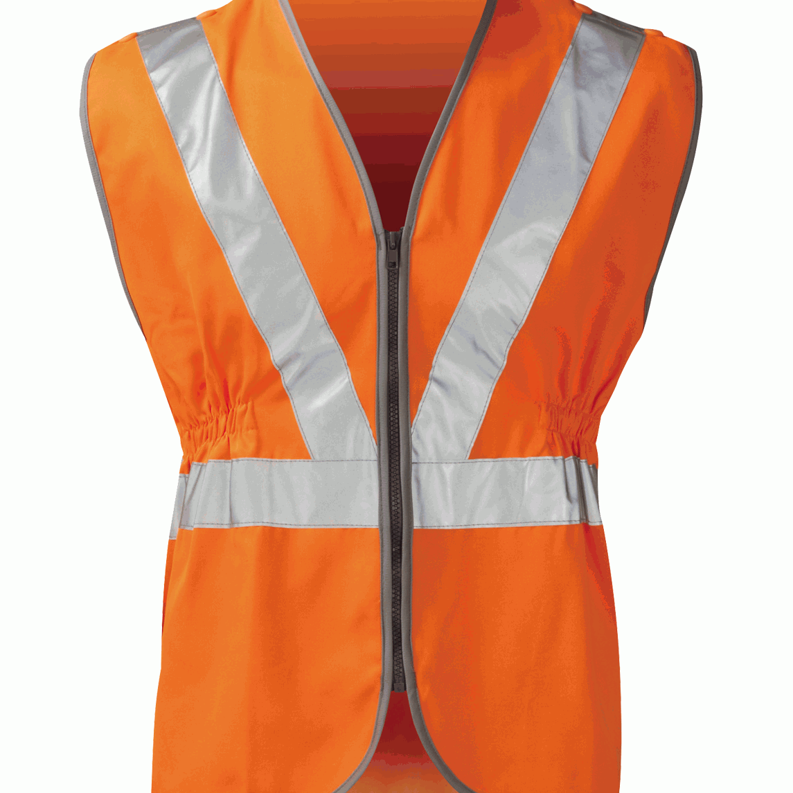 Women's high-visibility orange safety vest featuring a full front zip, reflective silver tape in a chevron and horizontal design, and a tailored fit with elastic side panels.
by MAK Boots & Garments