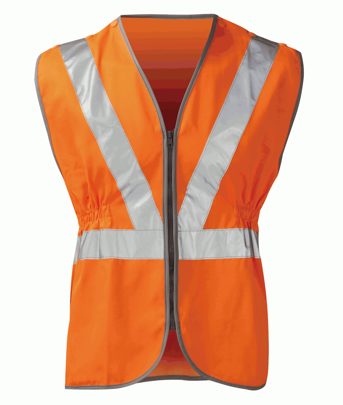 Women's high-visibility orange safety vest featuring a full front zip, reflective silver tape in a chevron and horizontal design, and a tailored fit with elastic side panels.
by MAK Boots & Garments