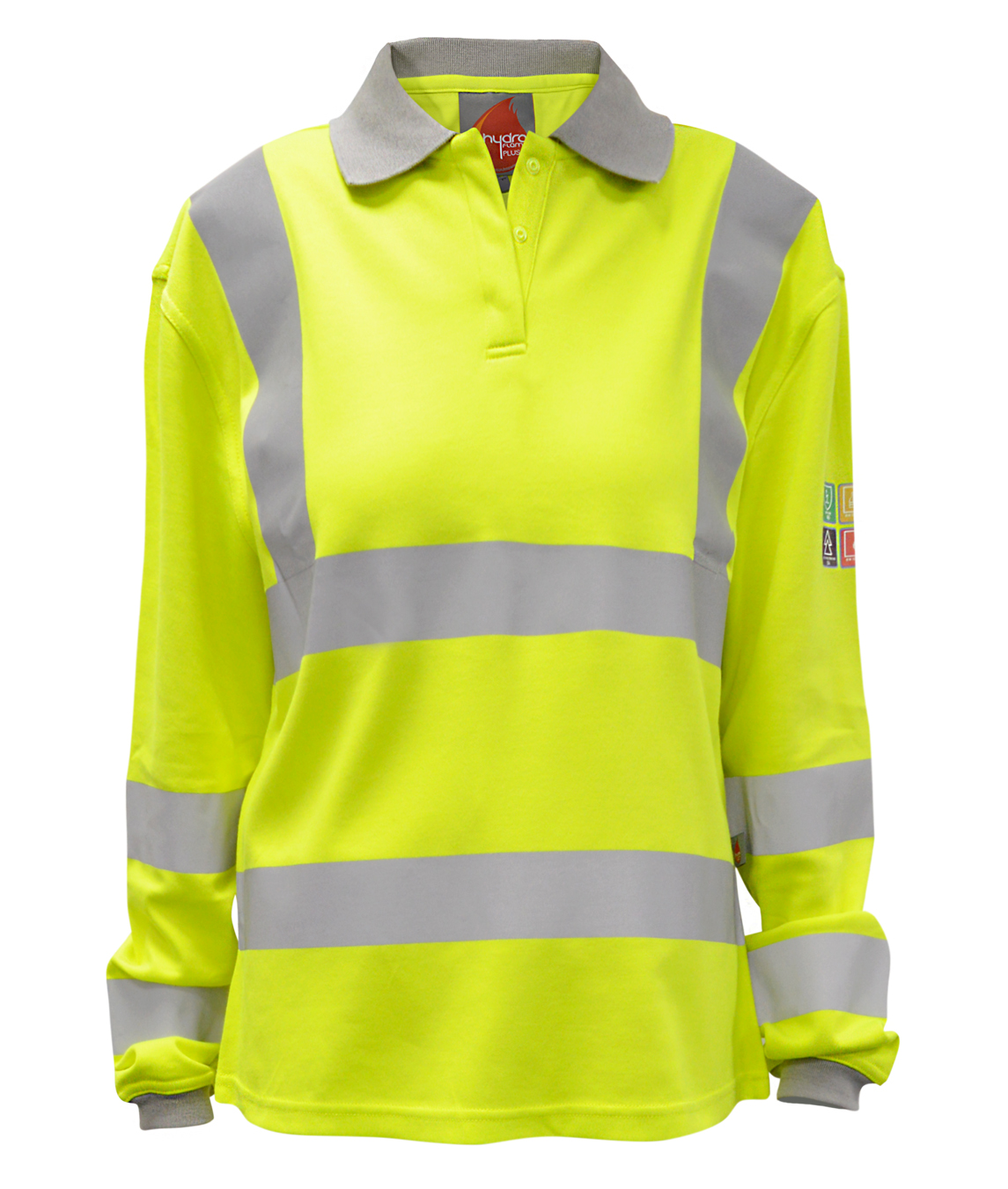 Women's high-visibility yellow long sleeve polo with reflective silver tape and grey collar, featuring multi-standard safety certifications — engineered for both safety and professional style — by MAK Boots & Garments.