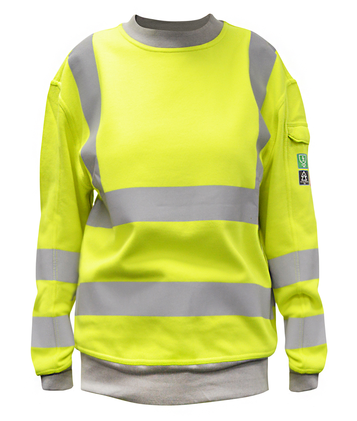Women's high-visibility yellow sweatshirt with silver reflective tape, grey collar and cuffs, and flame-resistant certification built for safety, comfort, and visibility  by MAK Boots & Garments.