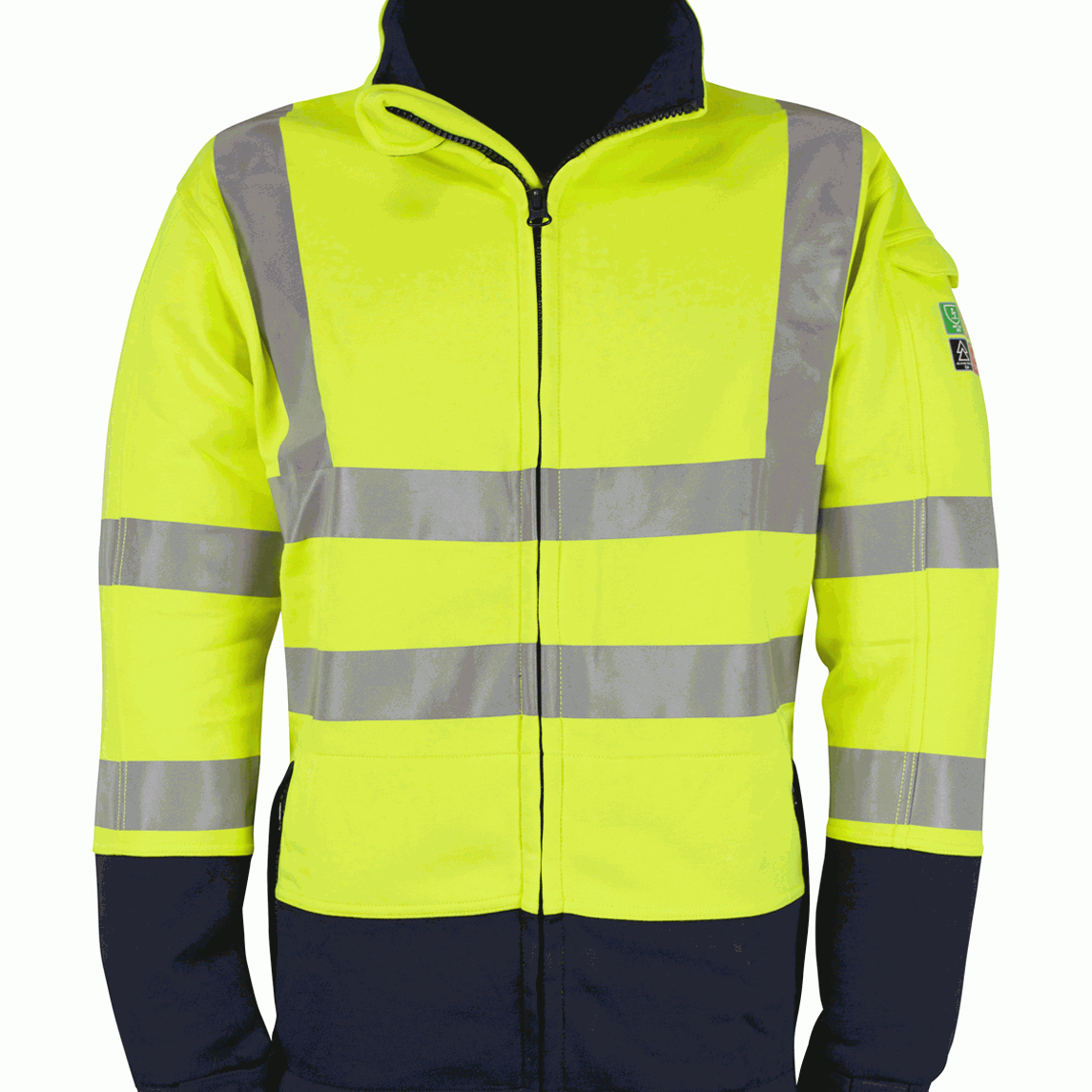 Yellow and navy high-visibility softshell jacket with reflective tape detailing and zip-up front by MAK Boots & Garments.