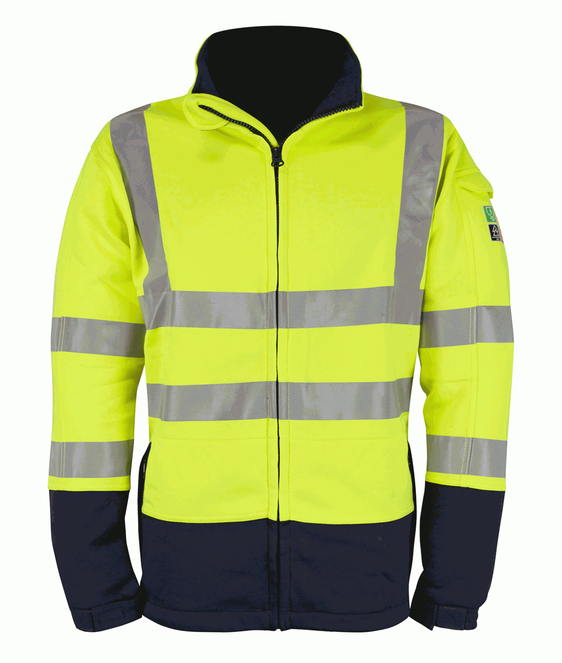 Yellow and navy high-visibility softshell jacket with reflective tape detailing and zip-up front by MAK Boots & Garments.