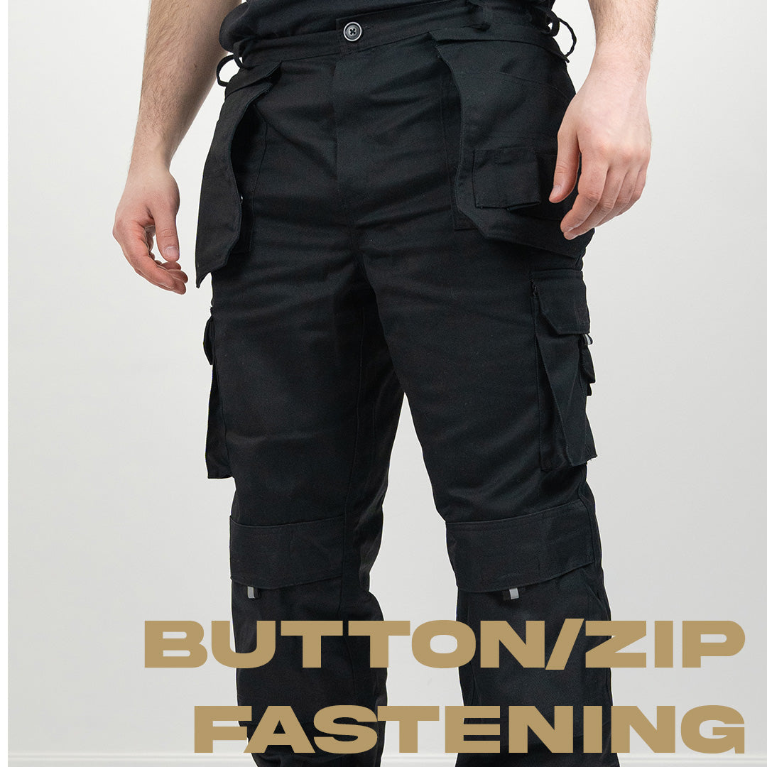 Model wearing black work trousers showing button and zip fastening