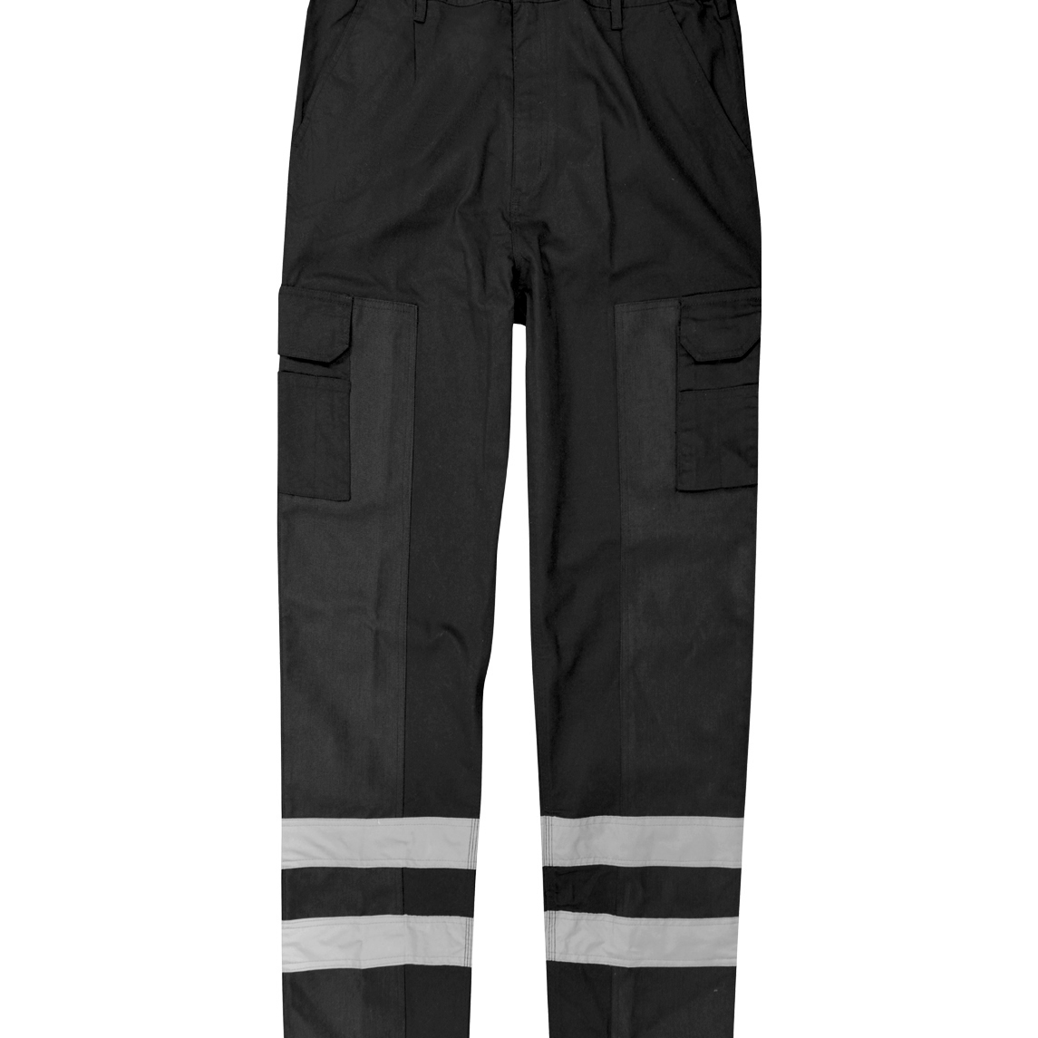 black cargo work pants featuring dual thigh pockets, belt loops, and two bands of silver reflective striping around each lower leg for enhanced low-light visibility and tactical functionality by MAK Boots & Garments.