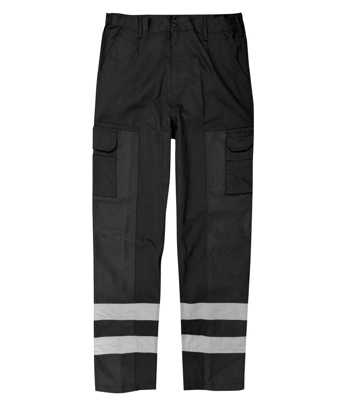 black cargo work pants featuring dual thigh pockets, belt loops, and two bands of silver reflective striping around each lower leg for enhanced low-light visibility and tactical functionality by MAK Boots & Garments.