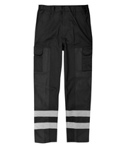 black cargo work pants featuring dual thigh pockets, belt loops, and two bands of silver reflective striping around each lower leg for enhanced low-light visibility and tactical functionality by MAK Boots & Garments.