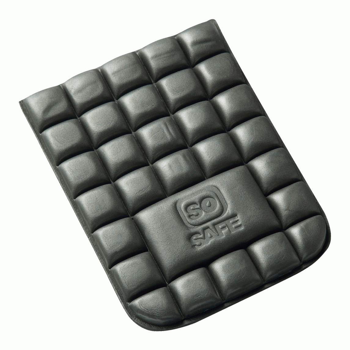 black cushioned knee pad insert with a quilted, grid-like surface designed for shock absorption and ergonomic support during kneeling tasks; compact, flexible, and built for durability by MAK Boots & Garments.