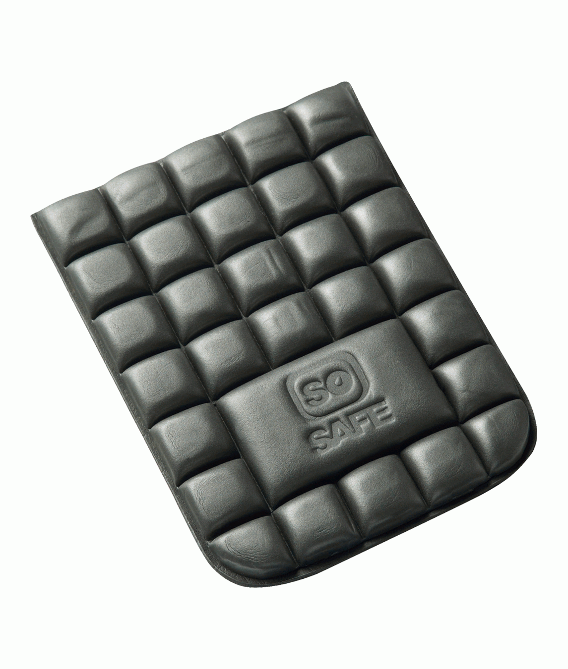 black cushioned knee pad insert with a quilted, grid-like surface designed for shock absorption and ergonomic support during kneeling tasks; compact, flexible, and built for durability by MAK Boots & Garments.