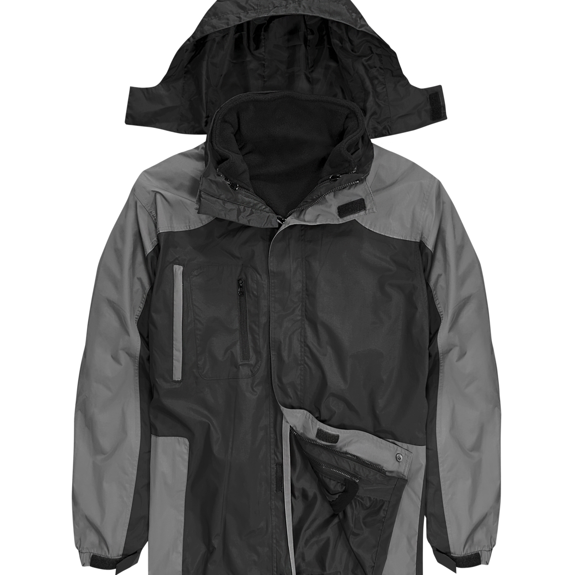 Black and grey waterproof jacket with detachable hood, zippered pockets, and adjustable cuffs. Features an inner fleece lining for warmth, ideal for versatile weather protection. By MAK Boots & Garments.