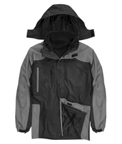 Black and grey waterproof jacket with detachable hood, zippered pockets, and adjustable cuffs. Features an inner fleece lining for warmth, ideal for versatile weather protection. By MAK Boots & Garments.