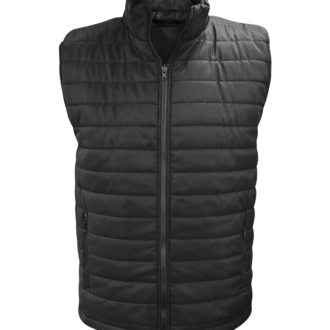 Black insulated quilted bodywarmer vest featuring a full-front zipper, zippered side pockets, and a high collar. Lightweight and designed for warmth, comfort, and layering. By MAK Boots & Garments.