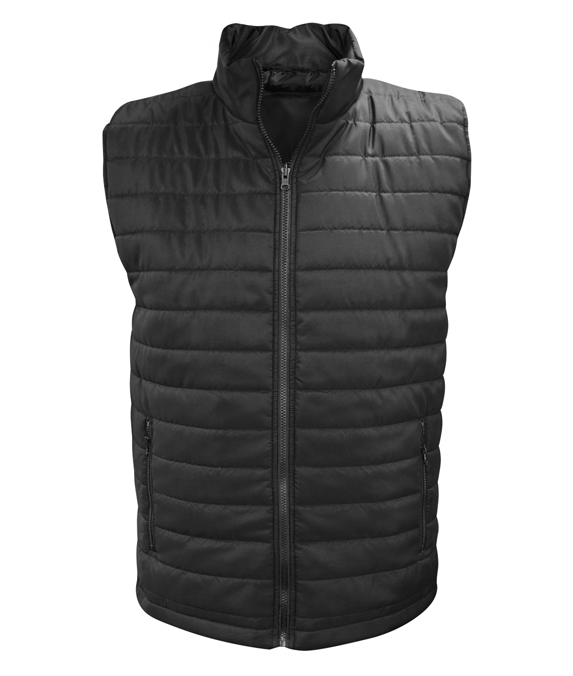 Black insulated quilted bodywarmer vest featuring a full-front zipper, zippered side pockets, and a high collar. Lightweight and designed for warmth, comfort, and layering. By MAK Boots & Garments.