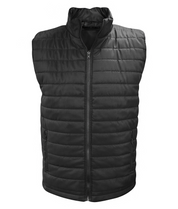 Black insulated quilted bodywarmer vest featuring a full-front zipper, zippered side pockets, and a high collar. Lightweight and designed for warmth, comfort, and layering. By MAK Boots & Garments.