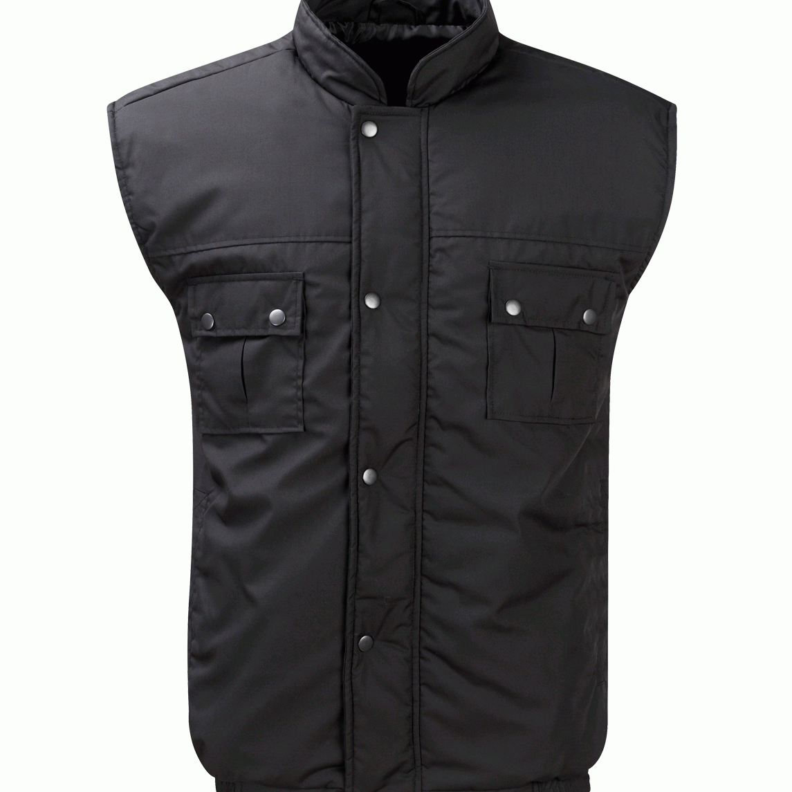 black padded utility gilet with snap-button front, high collar, and dual flap chest pockets, designed for core warmth, unrestricted mobility, and clean tactical styling by MAK Boots & Garments.
