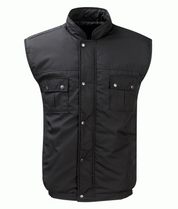 black padded utility gilet with snap-button front, high collar, and dual flap chest pockets, designed for core warmth, unrestricted mobility, and clean tactical styling by MAK Boots & Garments.