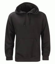 black pullover hoodie with a drawstring hood, ribbed cuffs and hem, and a kangaroo pocket, designed for comfort and versatility on and off duty by MAK Boots & Garments.