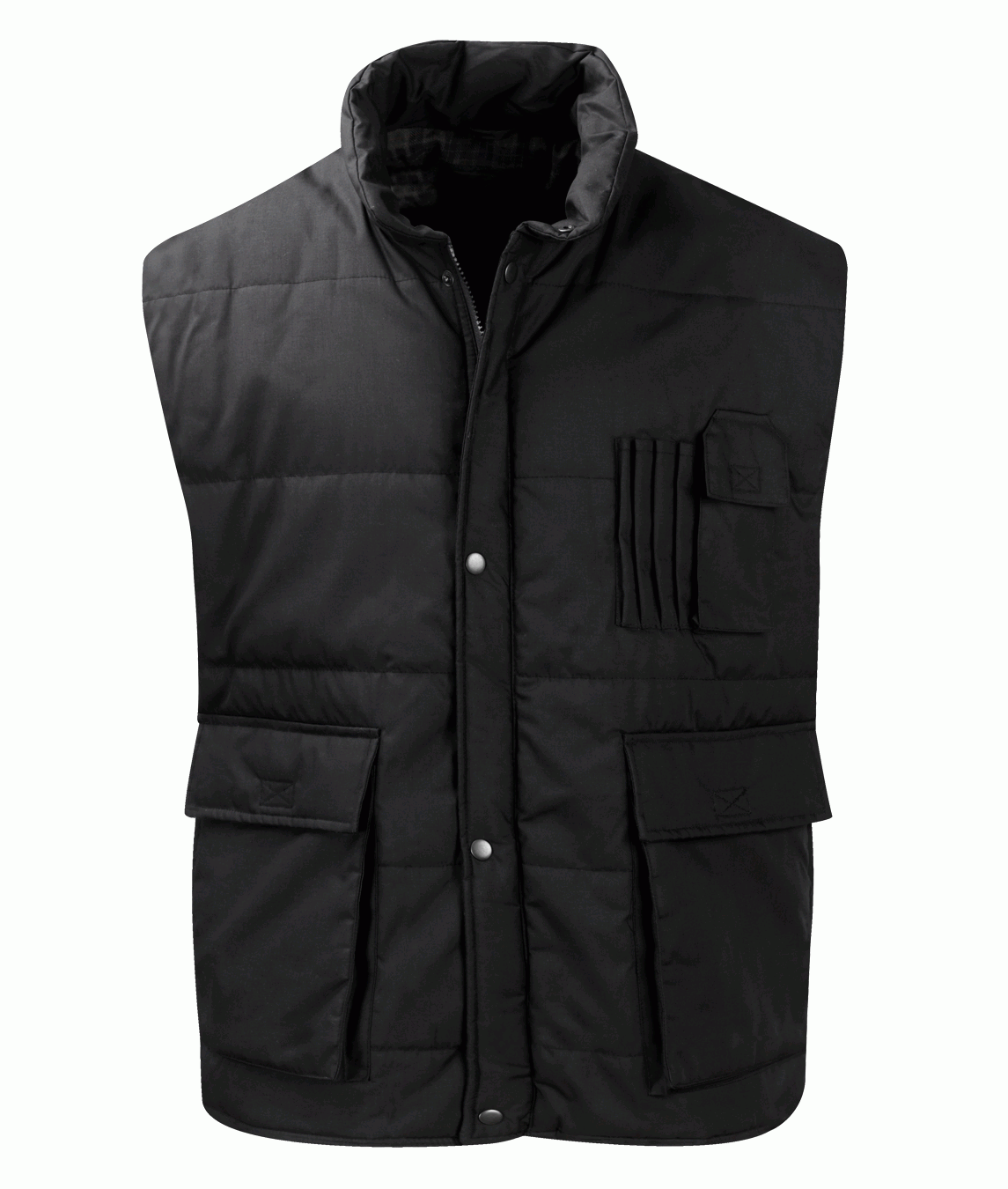 black quilted utility gilet with snap-button front, high collar, flap pockets, and vertical pen slots on the chest, built for warmth, function, and all-day readiness by MAK Boots & Garments.
