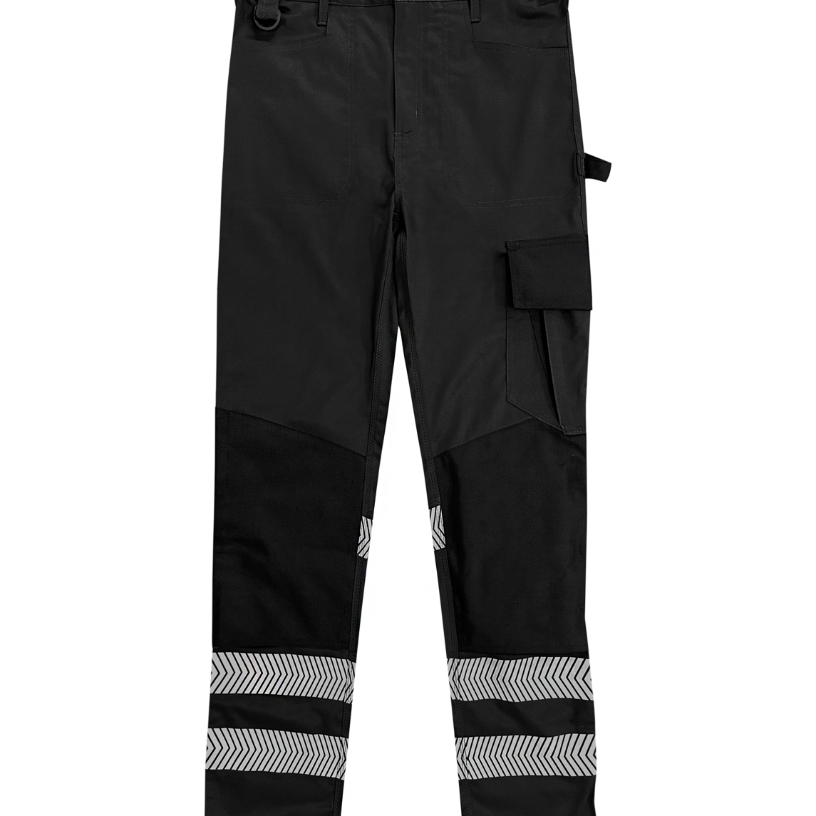 Black work trousers featuring reflective chevron stripes at the ankles, cargo pocket, tool loops, reinforced knee areas, and elastic waistband for comfortable wear. Durable and practical, ideal for high-visibility needs. By MAK Boots & Garments.