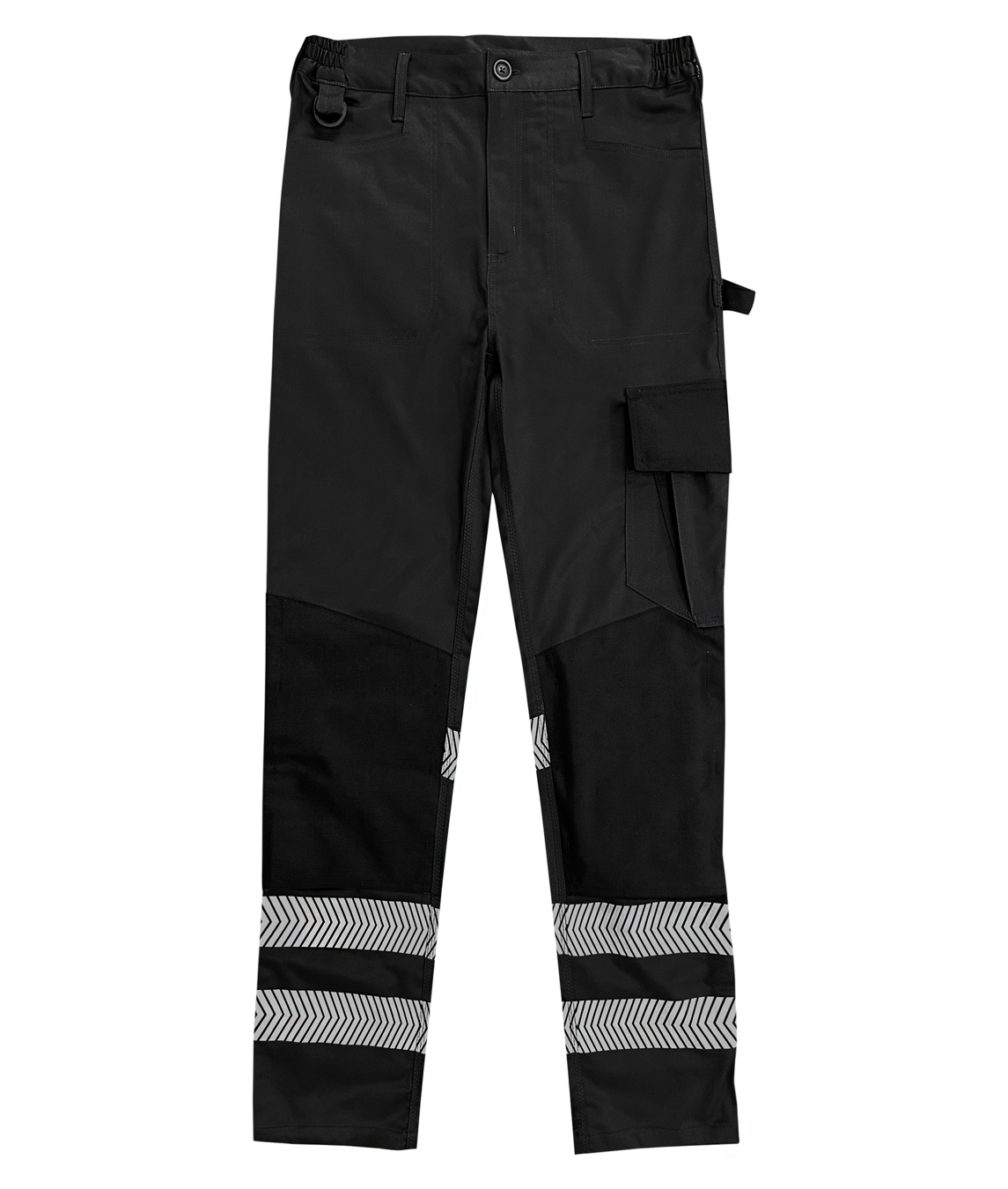 Black work trousers featuring reflective chevron stripes at the ankles, cargo pocket, tool loops, reinforced knee areas, and elastic waistband for comfortable wear. Durable and practical, ideal for high-visibility needs. By MAK Boots & Garments.