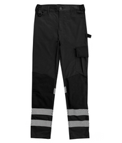 Black work trousers featuring reflective chevron stripes at the ankles, cargo pocket, tool loops, reinforced knee areas, and elastic waistband for comfortable wear. Durable and practical, ideal for high-visibility needs. By MAK Boots & Garments.