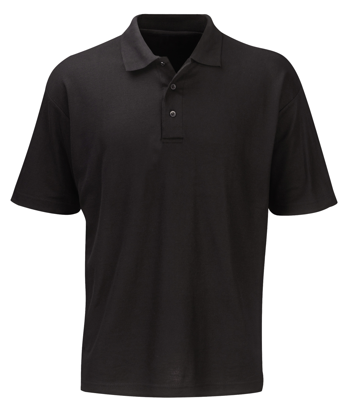 black short-sleeve polo shirt featuring a classic three-button placket and structured collar, built for sharp utility and understated style by MAK Boots & Garments.