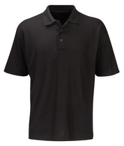 black short-sleeve polo shirt featuring a classic three-button placket and structured collar, built for sharp utility and understated style by MAK Boots & Garments.