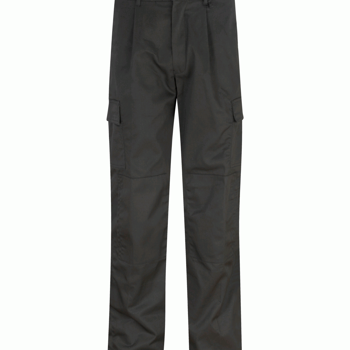 Black tactical trousers with a straight-leg cut, button closure, belt loops, and dual cargo pockets on each thigh, built for utility, movement, and everyday durability by MAK Boots & Garments.