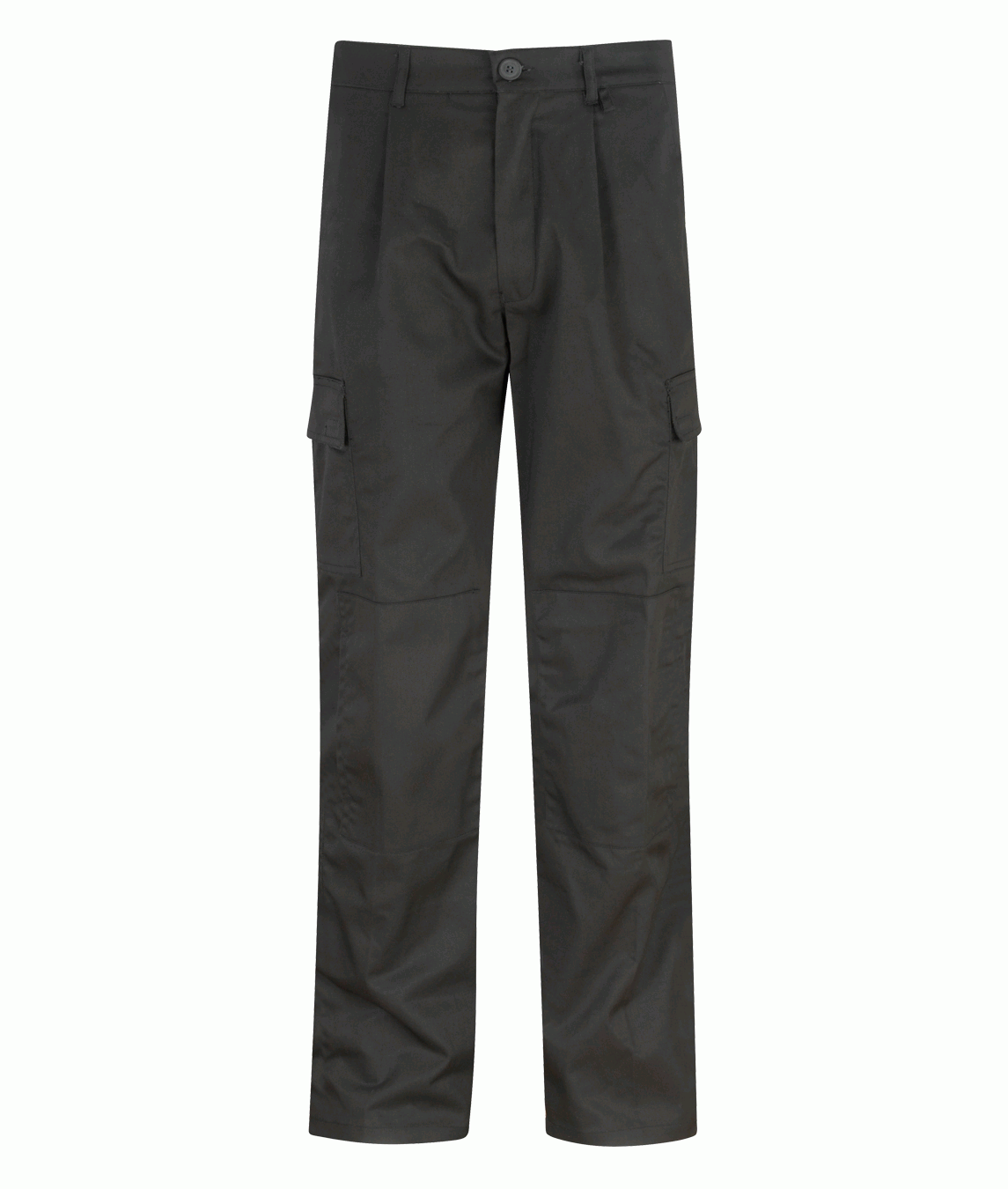 Black tactical trousers with a straight-leg cut, button closure, belt loops, and dual cargo pockets on each thigh, built for utility, movement, and everyday durability by MAK Boots & Garments.