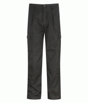 Black tactical trousers with a straight-leg cut, button closure, belt loops, and dual cargo pockets on each thigh, built for utility, movement, and everyday durability by MAK Boots & Garments.