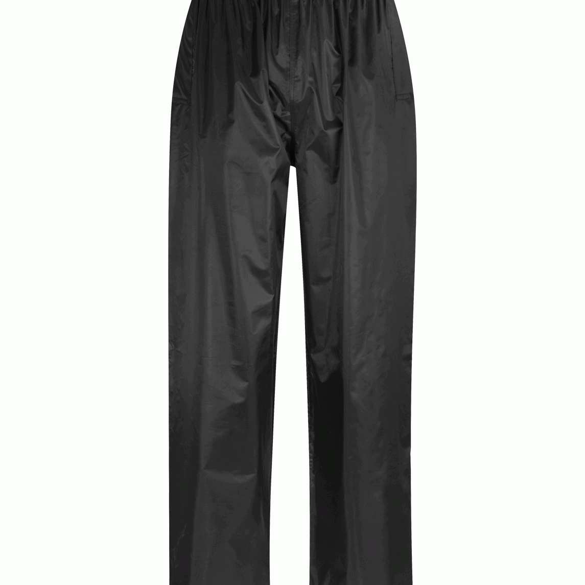 black waterproof overtrousers with a lightweight, minimalist design, elastic waistband, and straight-leg cut built for layering and wet-weather mobility — by MAK Boots & Garments.