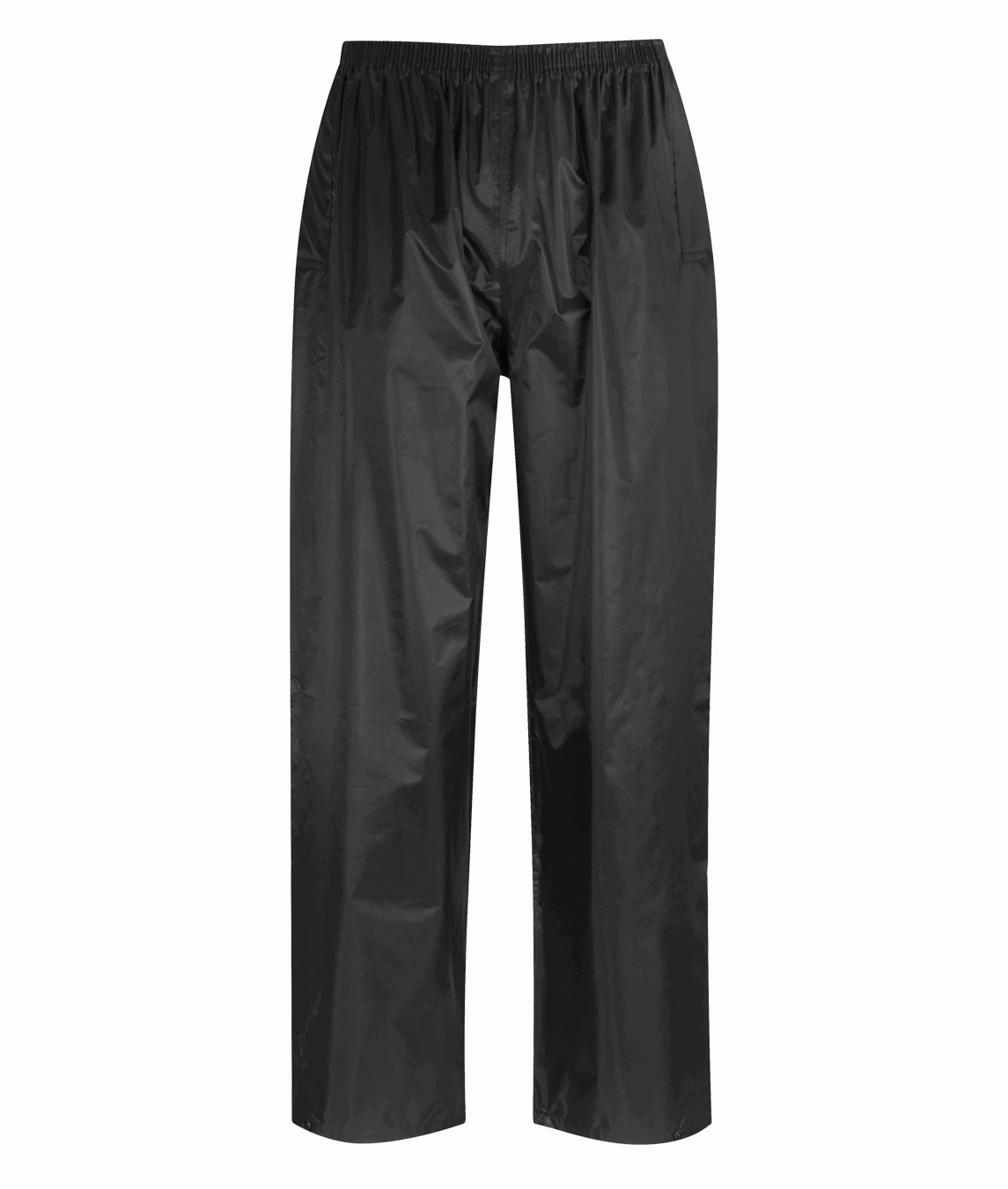 black waterproof overtrousers with a lightweight, minimalist design, elastic waistband, and straight-leg cut built for layering and wet-weather mobility — by MAK Boots & Garments.