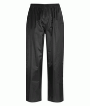 black waterproof overtrousers with a lightweight, minimalist design, elastic waistband, and straight-leg cut built for layering and wet-weather mobility — by MAK Boots & Garments.