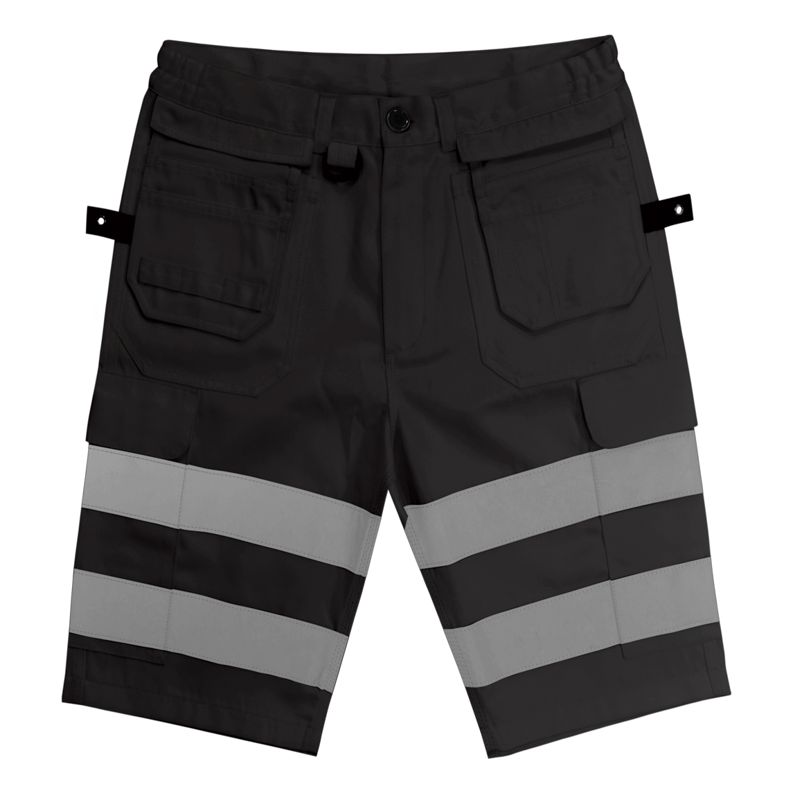black work shorts with dual wide reflective bands on each leg, multiple utility pockets, reinforced belt loops, and tool tabs, engineered for visibility and function in high-output environments by MAK Boots & Garments.