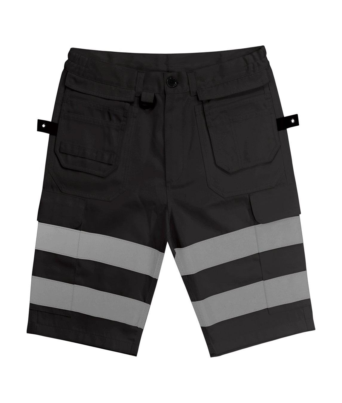 black work shorts with dual wide reflective bands on each leg, multiple utility pockets, reinforced belt loops, and tool tabs, engineered for visibility and function in high-output environments by MAK Boots & Garments.