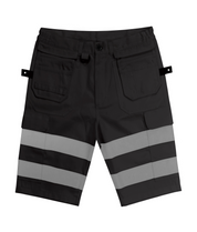 black work shorts with dual wide reflective bands on each leg, multiple utility pockets, reinforced belt loops, and tool tabs, engineered for visibility and function in high-output environments by MAK Boots & Garments.