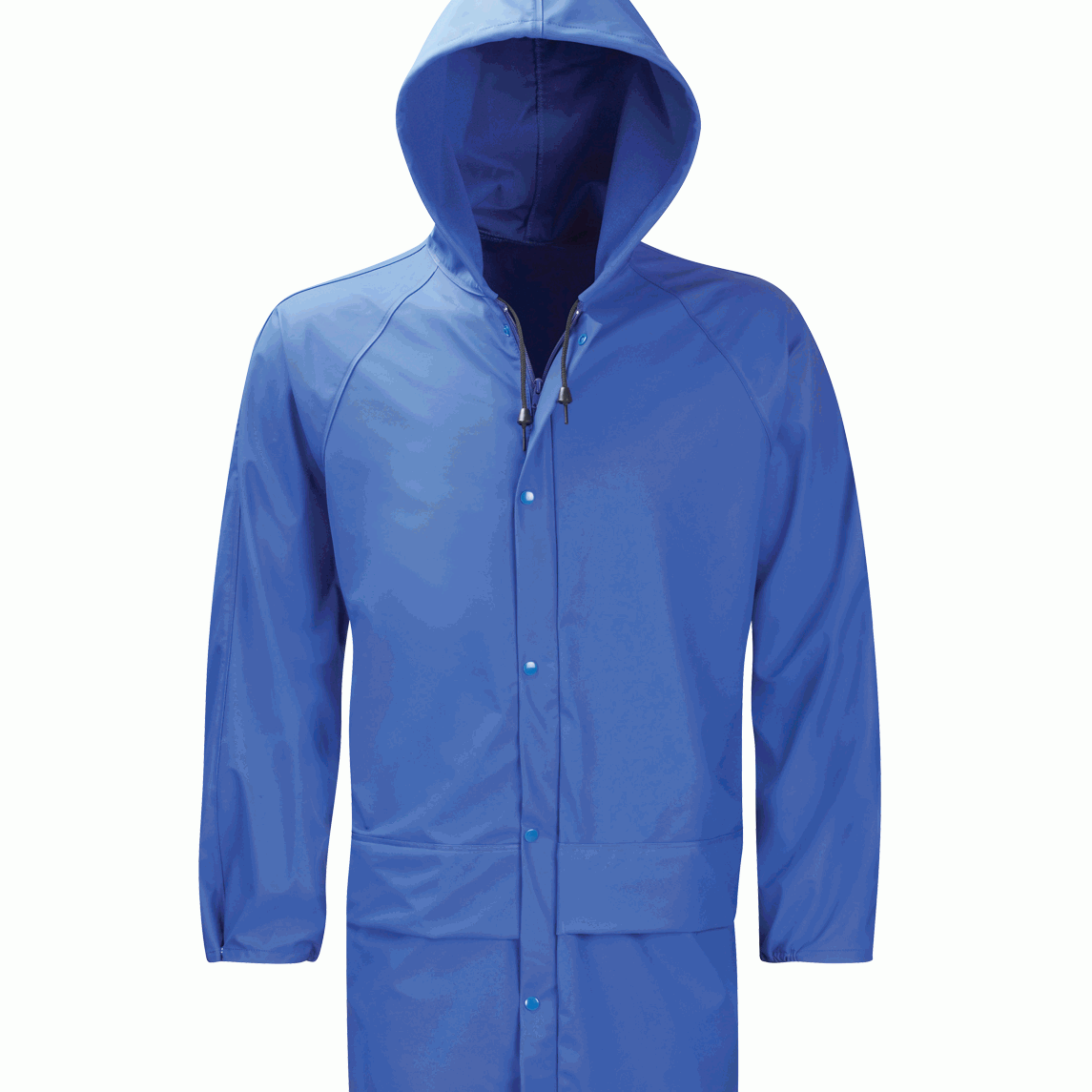 blue hooded rain jacket with a snap-button front, extended hem, and adjustable drawcord hood, built for lightweight waterproof protection in coastal or wet-weather conditions by MAK Boots & Garments.