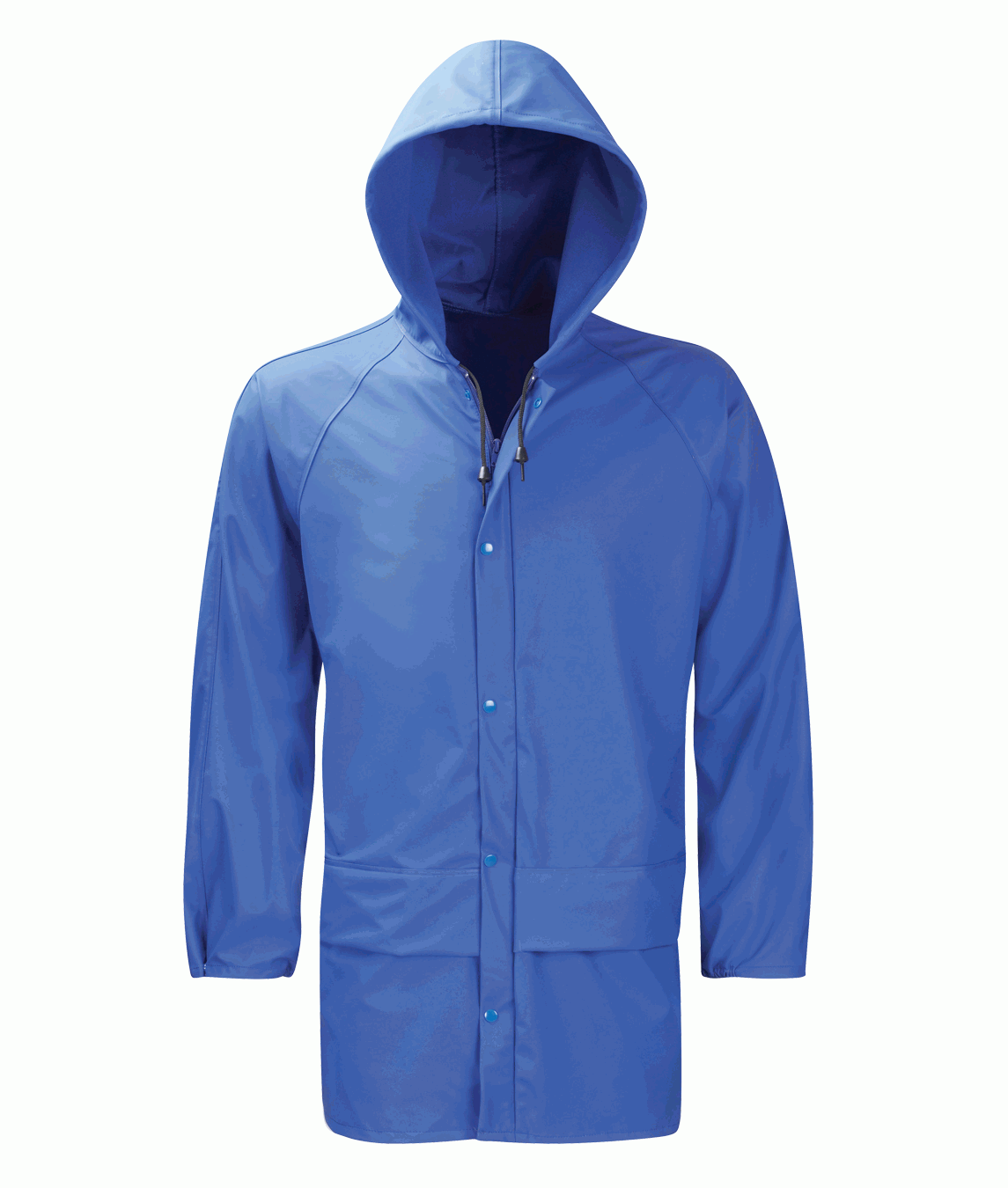 blue hooded rain jacket with a snap-button front, extended hem, and adjustable drawcord hood, built for lightweight waterproof protection in coastal or wet-weather conditions by MAK Boots & Garments.