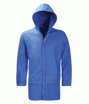 blue hooded rain jacket with a snap-button front, extended hem, and adjustable drawcord hood, built for lightweight waterproof protection in coastal or wet-weather conditions by MAK Boots & Garments.