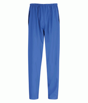 blue utility trousers with a straight-leg cut, elastic waistband, and side-entry pockets, designed for lightweight layering and unrestricted movement in active environments by MAK Boots & Garments.