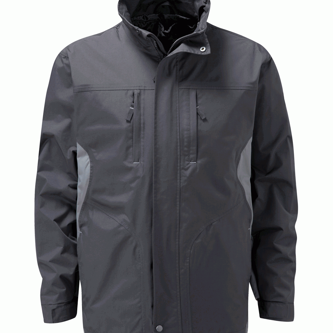 charcoal grey technical jacket with a high collar, concealed zipper with snap-flap closure, vertical chest zips, and contoured seams for a sleek, weather-resistant fit built for movement and durability by MAK Boots & Garments.