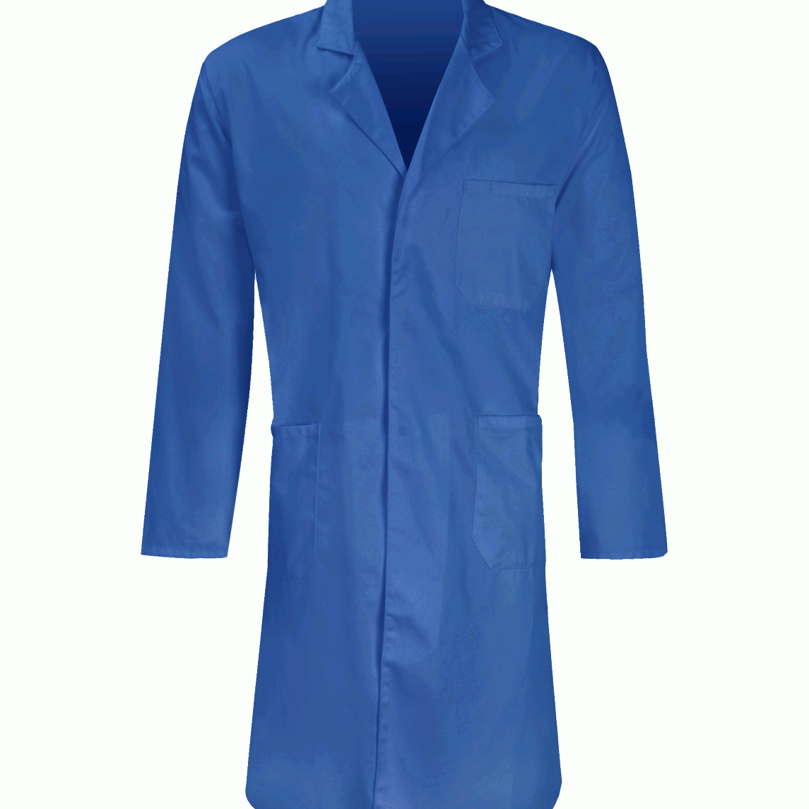 crisp blue laboratory coat with a notched lapel collar, button-down front, chest pocket, and dual lower patch pockets, built for clean professional wear in clinical and technical environments by MAK Boots & Garments.