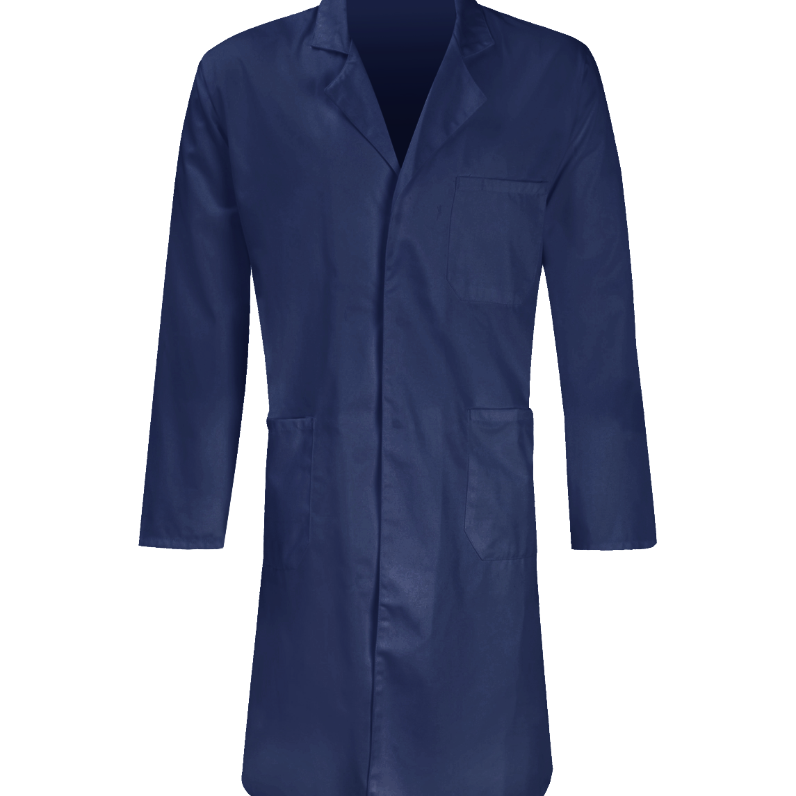 crisp navy laboratory coat with a notched lapel collar, button-down front, chest pocket, and dual lower patch pockets, built for clean professional wear in clinical and technical environments by MAK Boots & Garments.