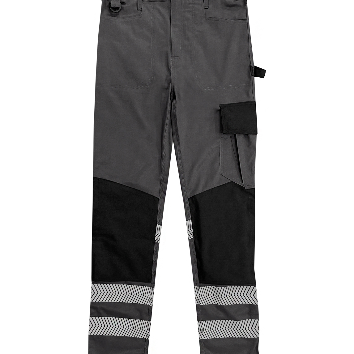 Dark grey and black work trousers featuring reflective chevron stripes at the ankles, cargo pocket, tool loops, reinforced knee patches, and elastic waistband for comfort. Designed for durability and high visibility in working environments. By MAK Boots & Garments.