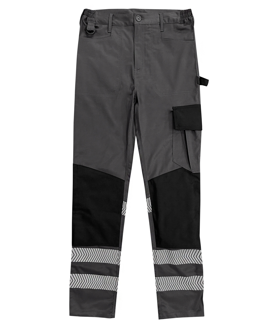 Dark grey and black work trousers featuring reflective chevron stripes at the ankles, cargo pocket, tool loops, reinforced knee patches, and elastic waistband for comfort. Designed for durability and high visibility in working environments. By MAK Boots & Garments.