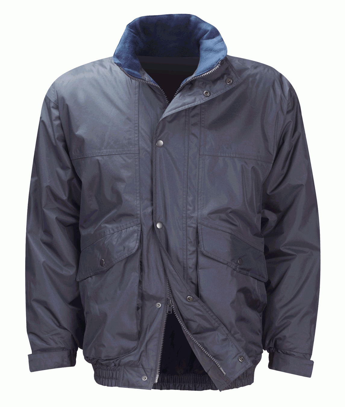dark navy insulated jacket with a water-resistant outer shell, zip and snap-button closure, storm flap, fleece-lined collar, and dual front flap pockets for utility and warmth  by MAK Boots & Garments.